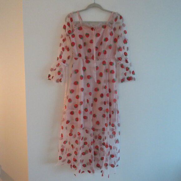 MASKED QUEEN COTTAGECORE Strawberry Tulle Midi Dress Coquette Whimsy Retro NWT - Picture 2 of 14
